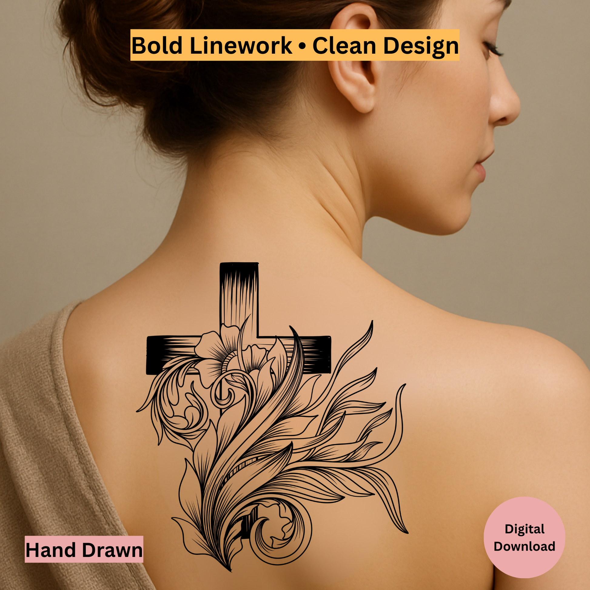 Woman with a detailed cross tattoo on her back against a neutral background