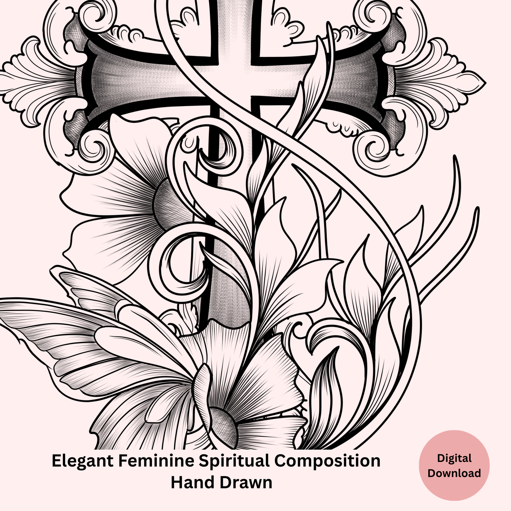 Hand-drawn design with floral elements and a butterfly on a white background,
