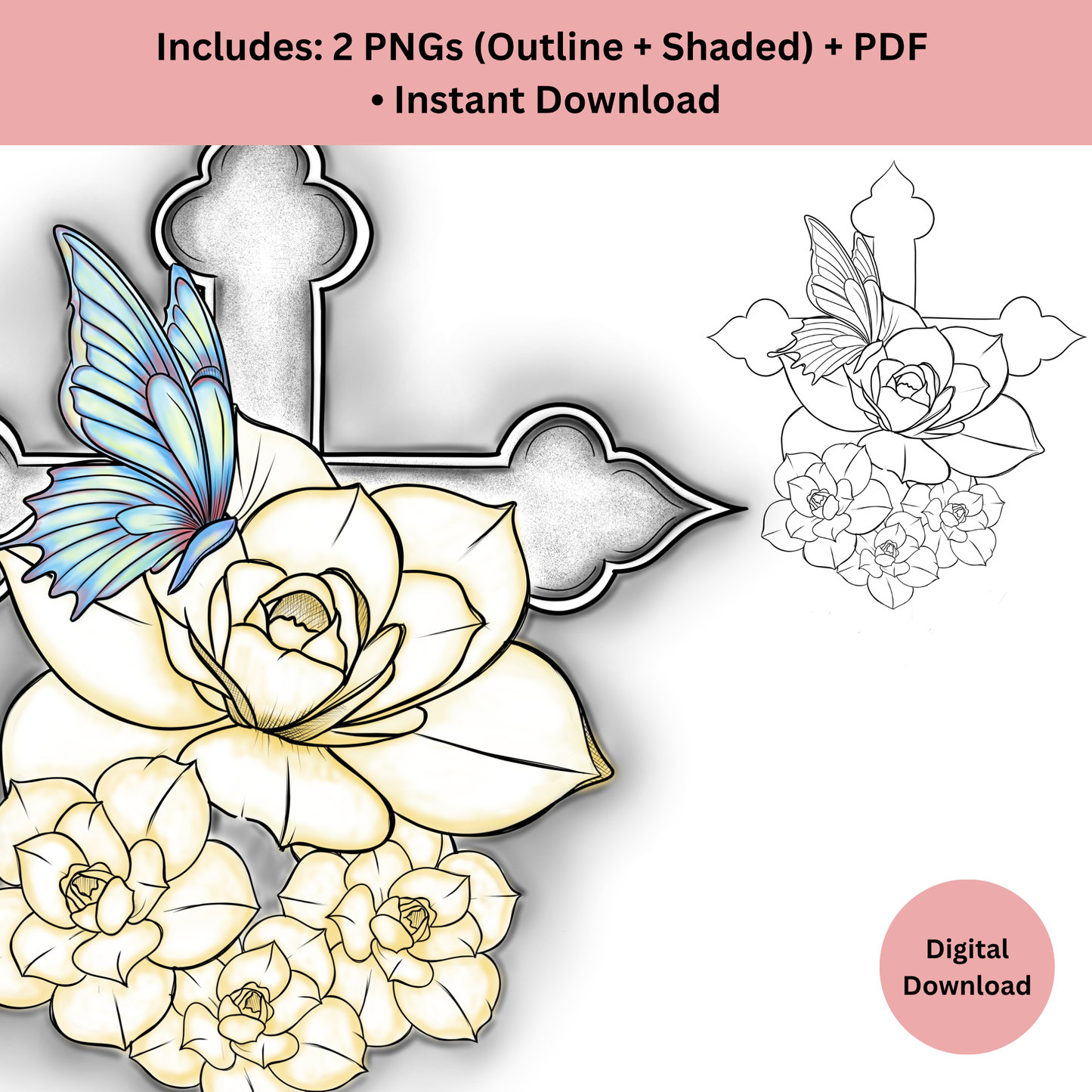 printable outline and color cross with flowers and butterfly tattoo