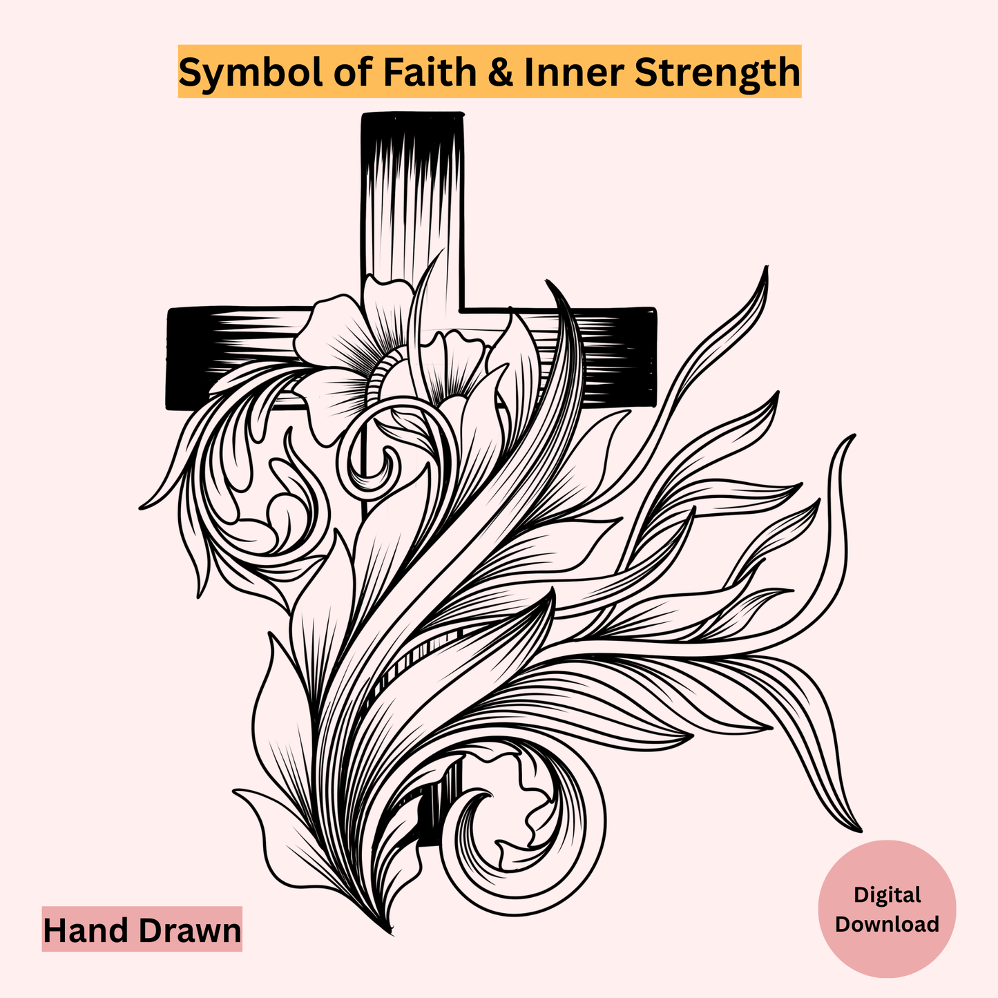 Decorative cross with floral elements on a light pink background, labeled 'Symbol of Faith & Inner Strength'.