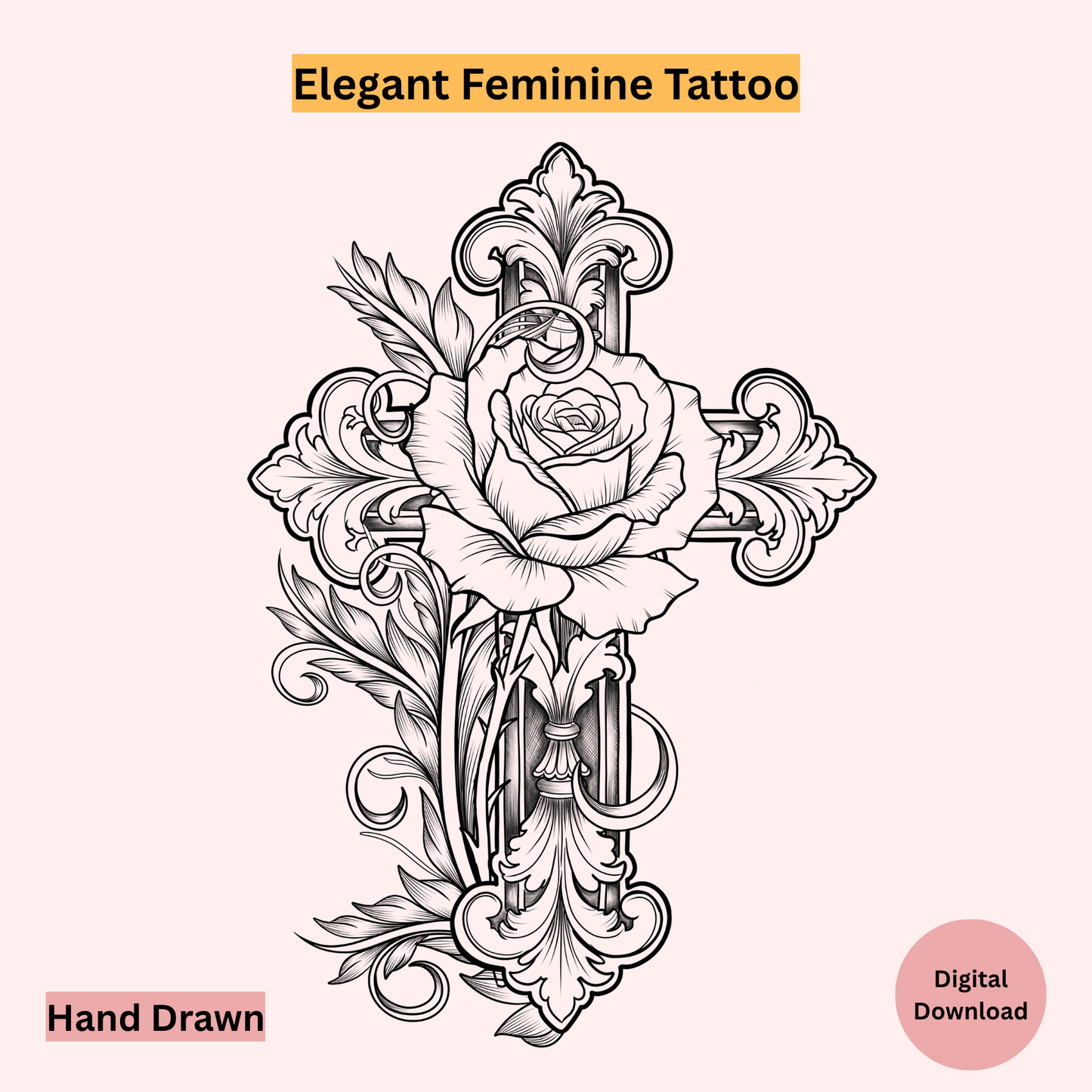 Decorative tattoo design with a rose and intricate patterns on a white background, labeled 'Elegant Feminine Tattoo'.