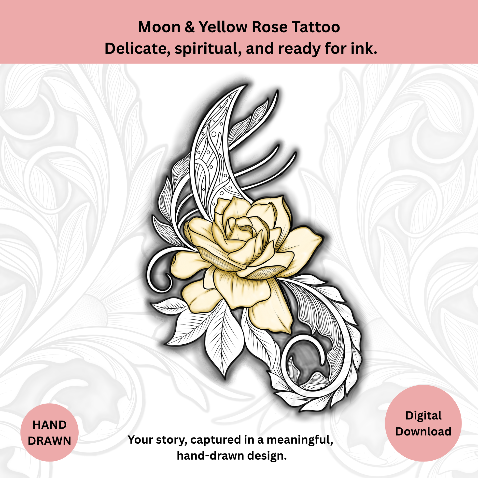 Hand drawn Moon and Rose Tattoo design, digital download