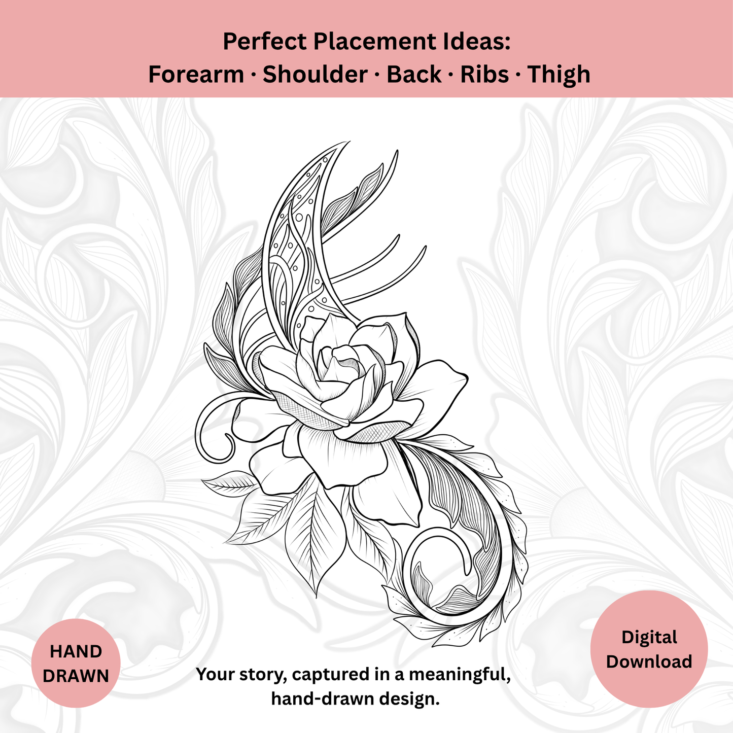 Moon and Rose tattoo line art digital download