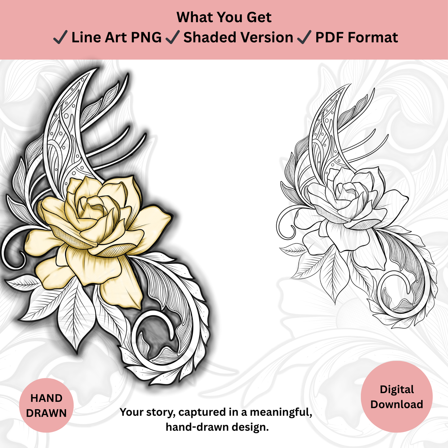Line art and Colored Moon and Yellow Rose tattoo design