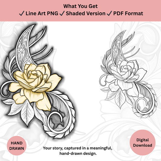 Line art and Colored Moon and Yellow Rose tattoo design
