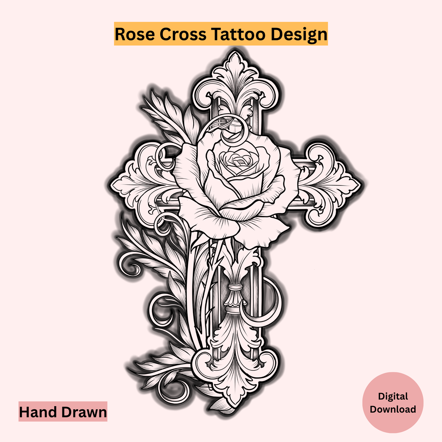 Rose Cross Tattoo Design with decorative elements on a white background