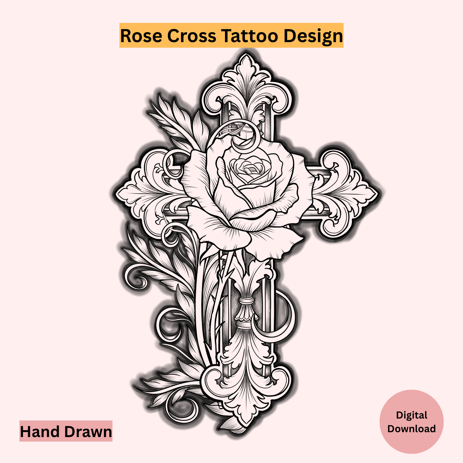 Rose Cross Tattoo Design with decorative elements on a white background
