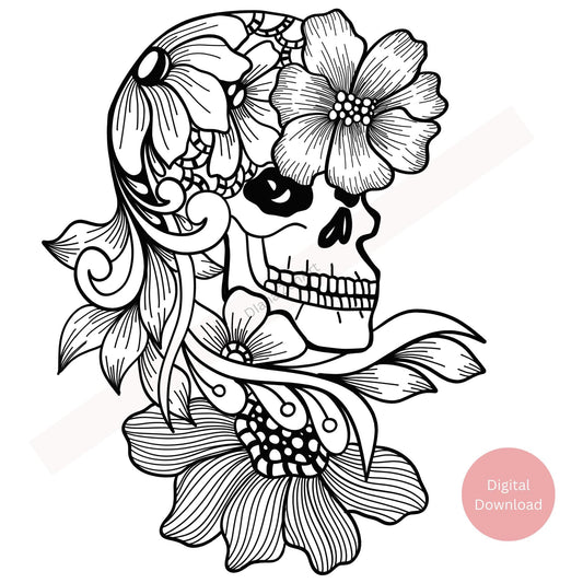 Aesthetic floral skull tattoo with delicate flowers and clean line art
