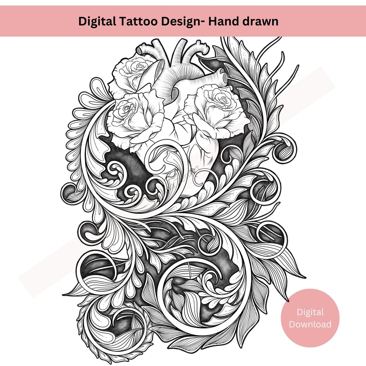 Anatomical heart and roses tattoo design symbolizing passion and emotional depth
