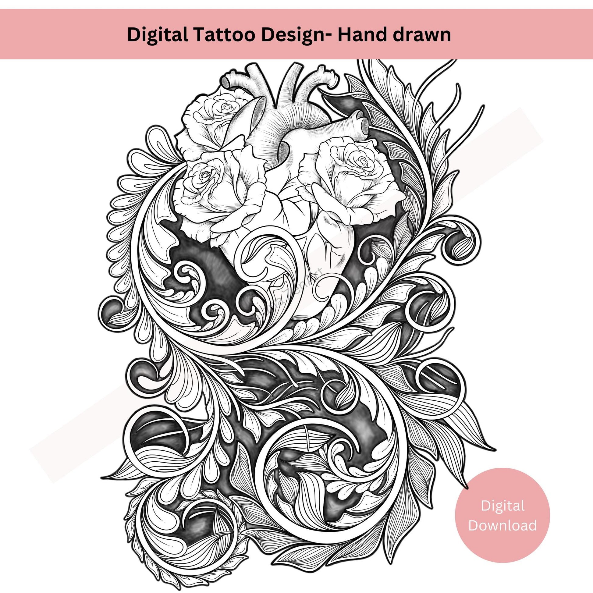 Anatomical heart and roses tattoo design symbolizing passion and emotional depth
