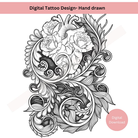 Anatomical heart and roses tattoo design symbolizing passion and emotional depth
