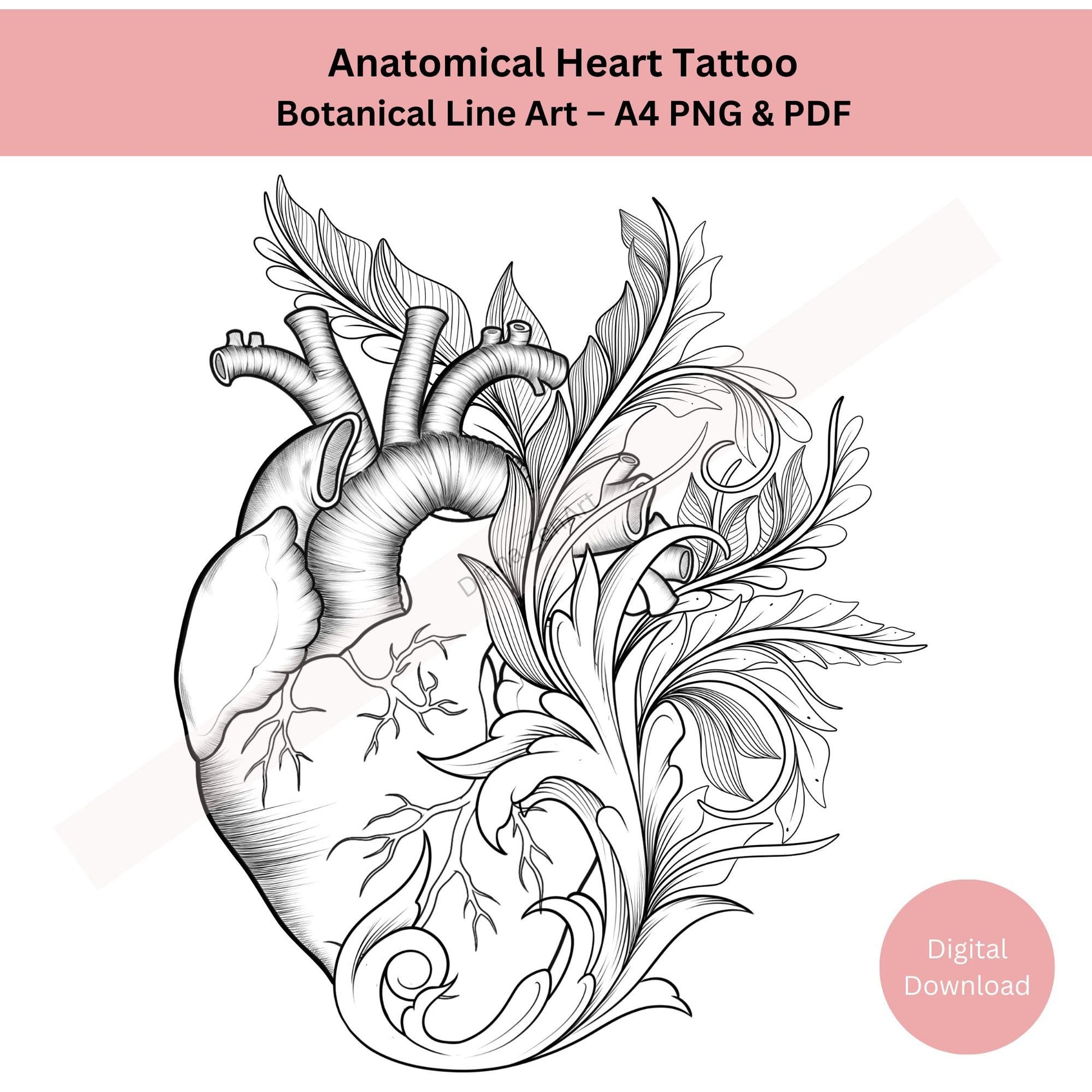 Anatomical heart tattoo design in floral line art style symbolizing balance