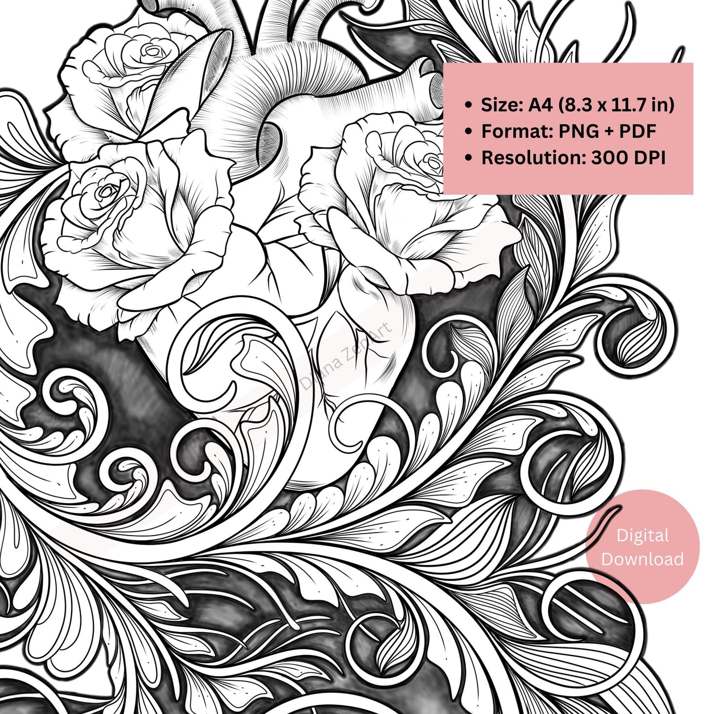 Line art anatomical heart and roses tattoo highlighting emotional contrast
