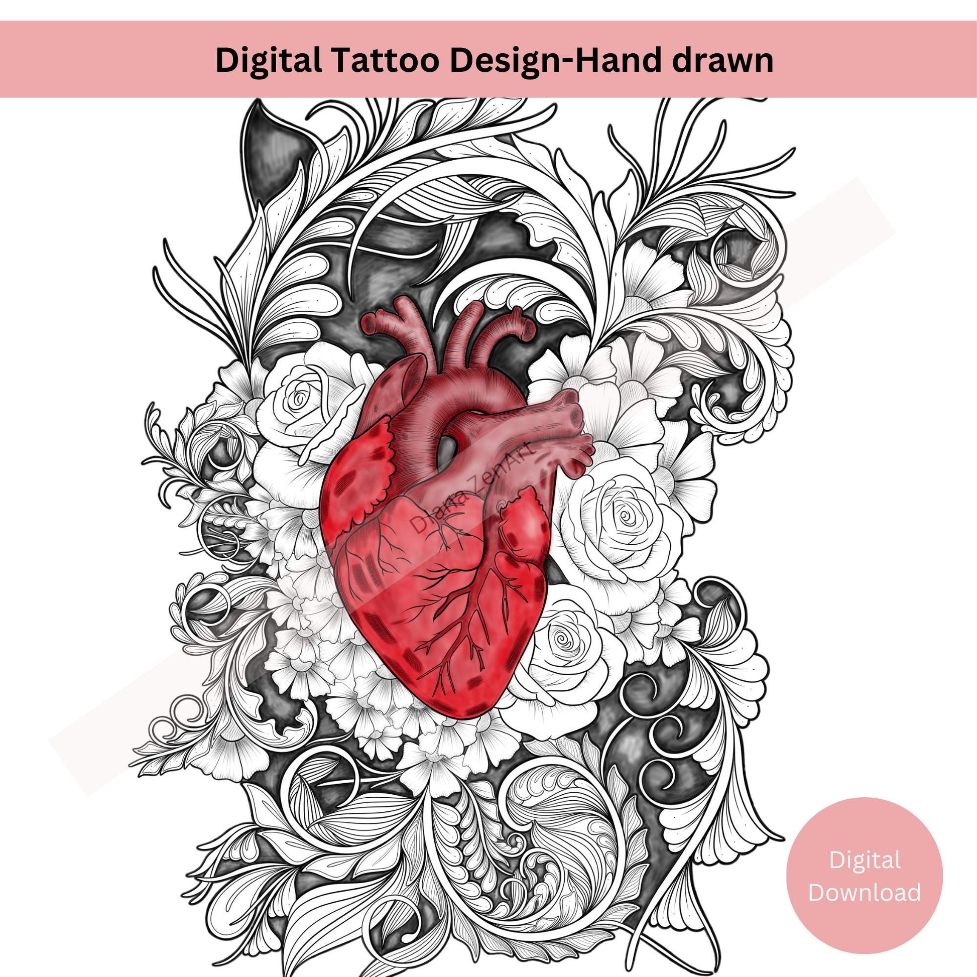 Anatomical heart tattoo with flowers symbolizing healing and growth in line art style
