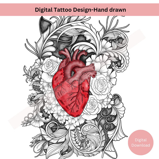 Anatomical heart tattoo with flowers symbolizing healing and growth in line art style
