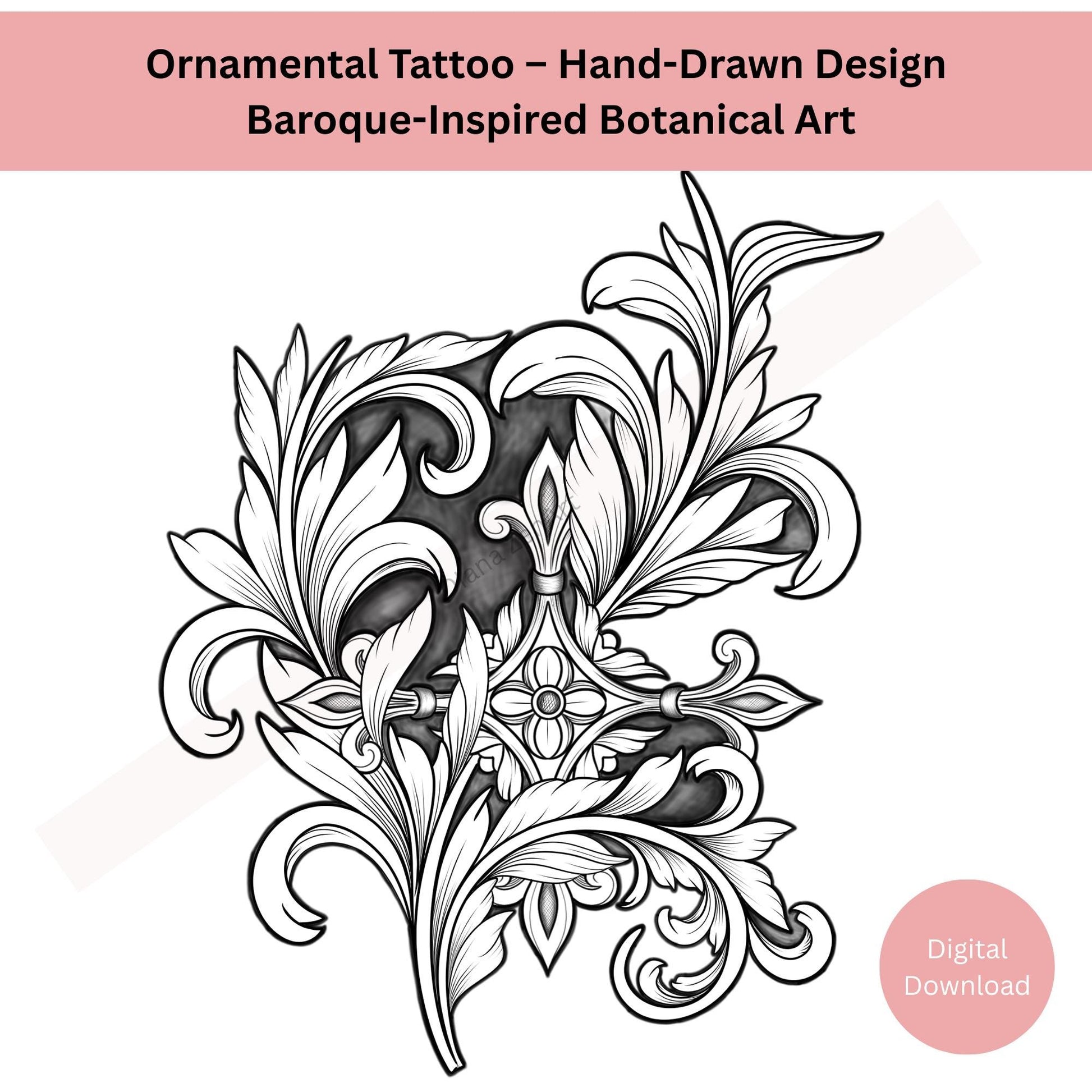 Detailed baroque ornamental tattoo line art with classical symmetry
