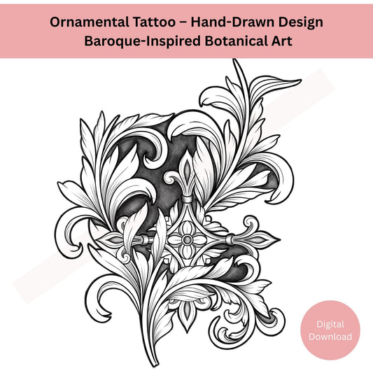 Detailed baroque ornamental tattoo line art with classical symmetry
