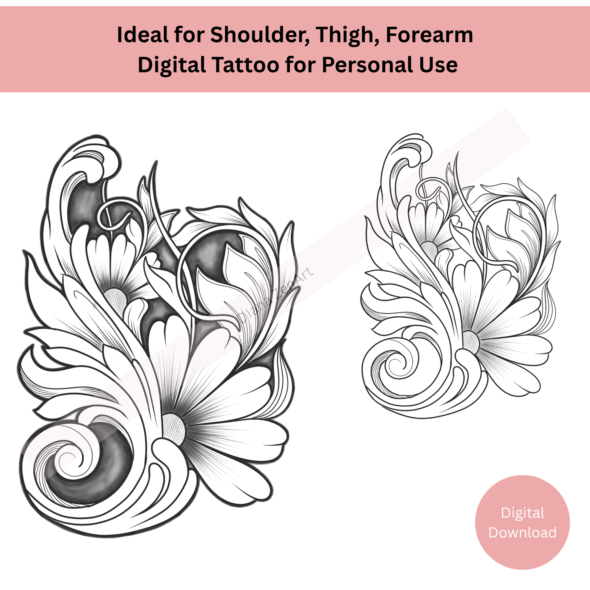 Detailed baroque line art tattoo showing classical ornamental design
