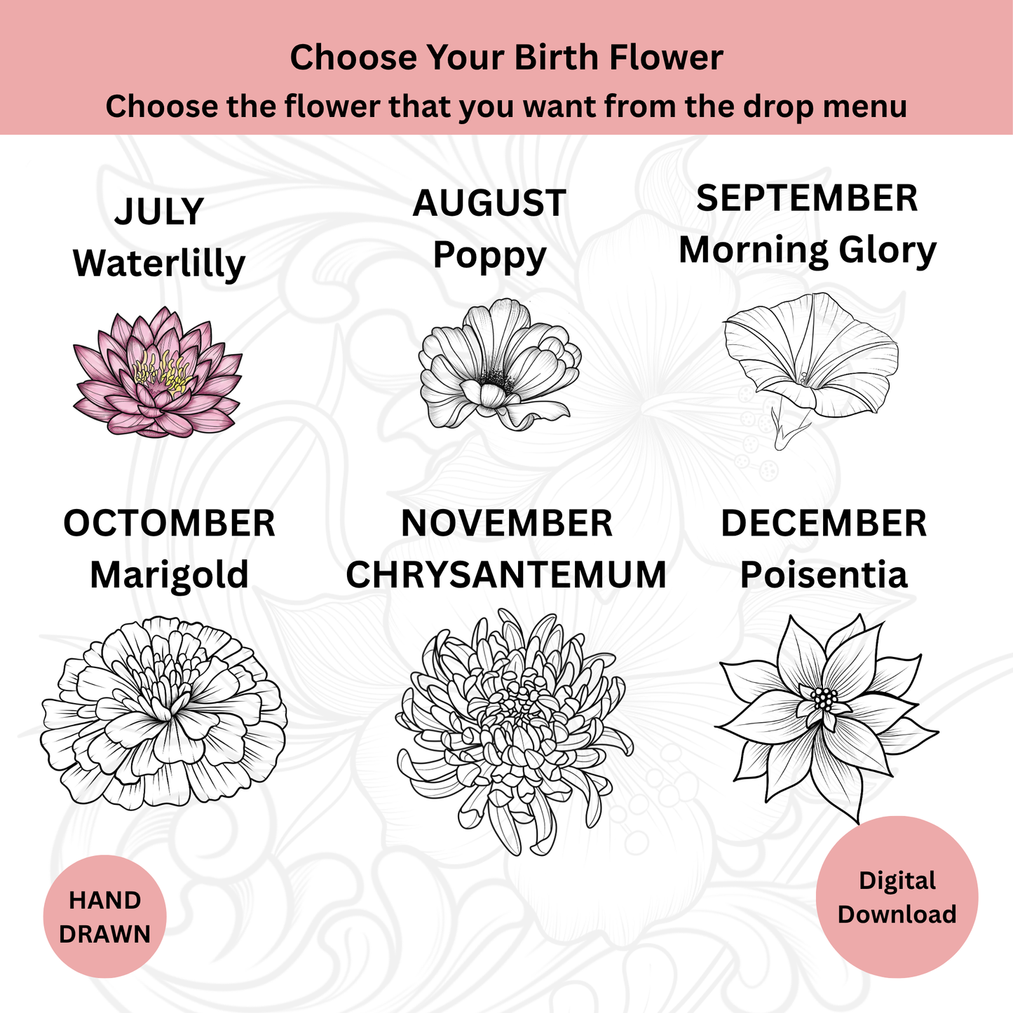 Birth flower options used for custom cross tattoo design