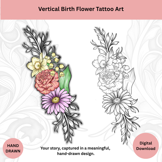 Birth flower tattoo design shown in color and line art, custom floral tattoo artwork preview

