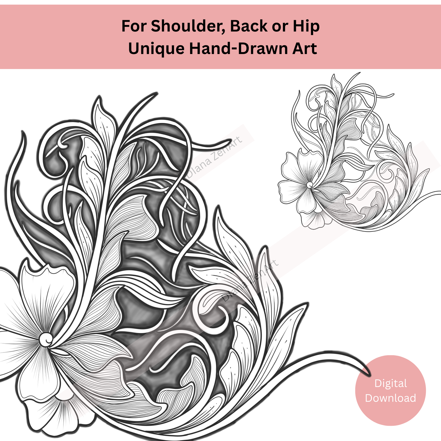 Line art botanical tattoo design showing ornamental detailing
