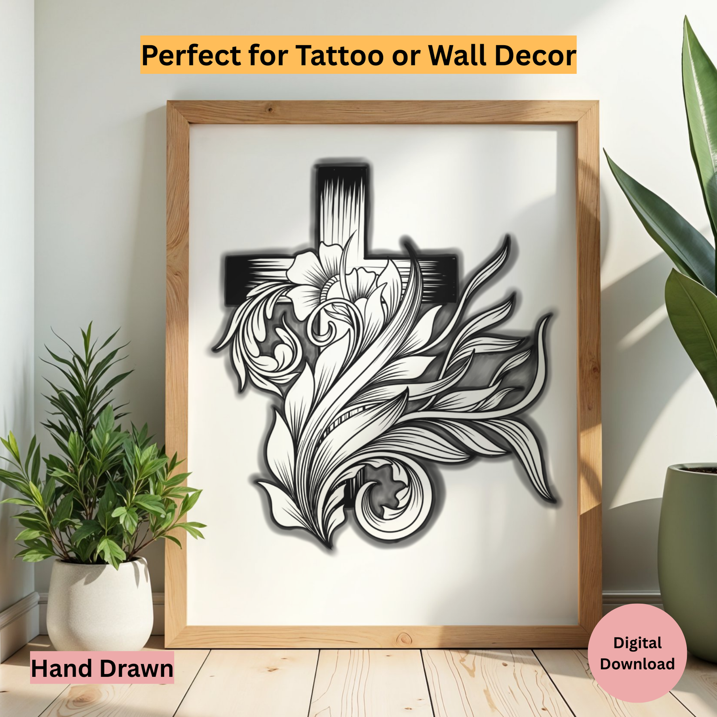 Framed hand-drawn cross with floral design on a white background, suitable for tattoo or wall decor.