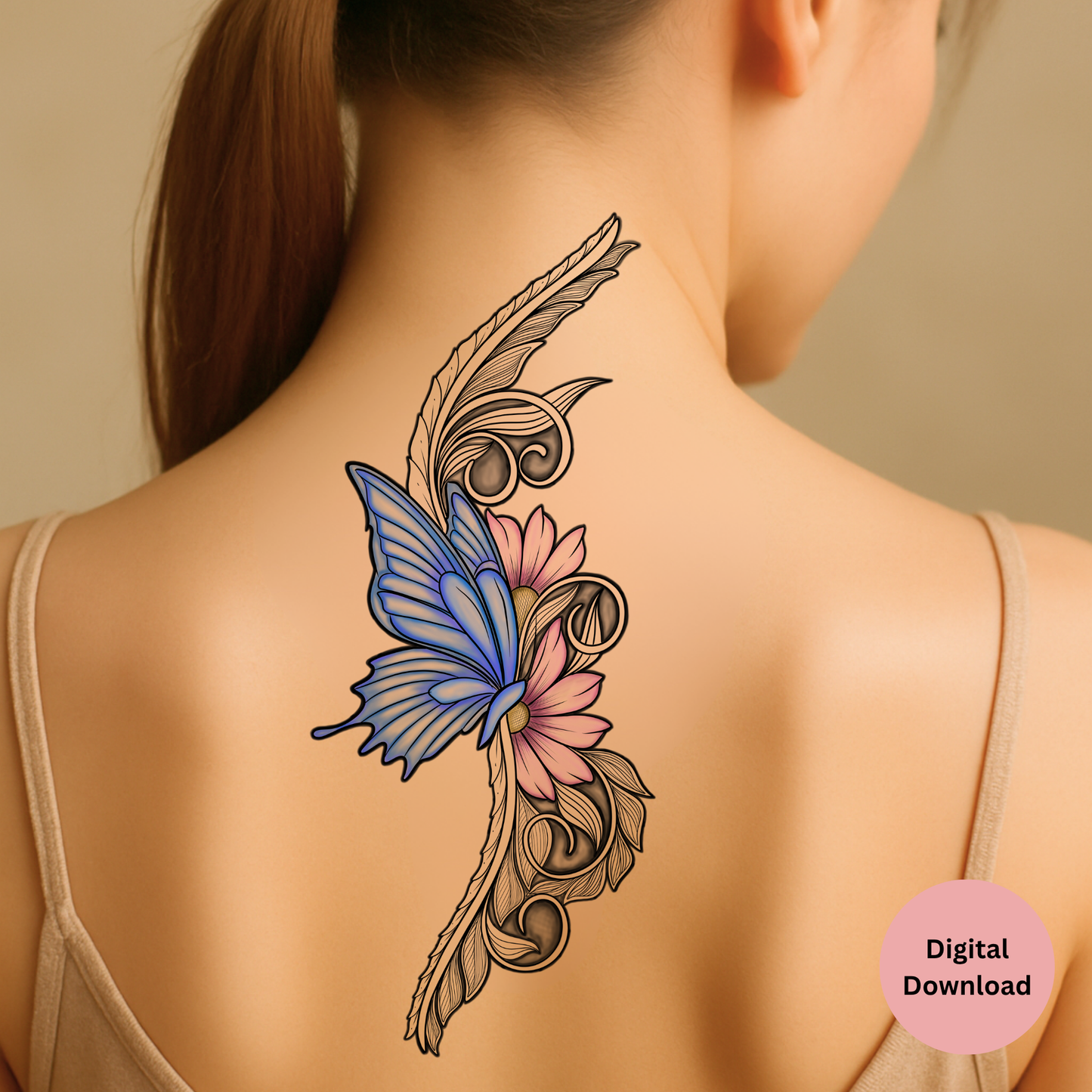 Butterfly and daisy tattoo design colored preview for feminine tattoo inspiration
