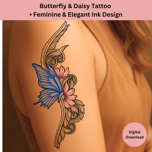 Butterfly and daisy tattoo design in vertical ornamental tattoo flash style
