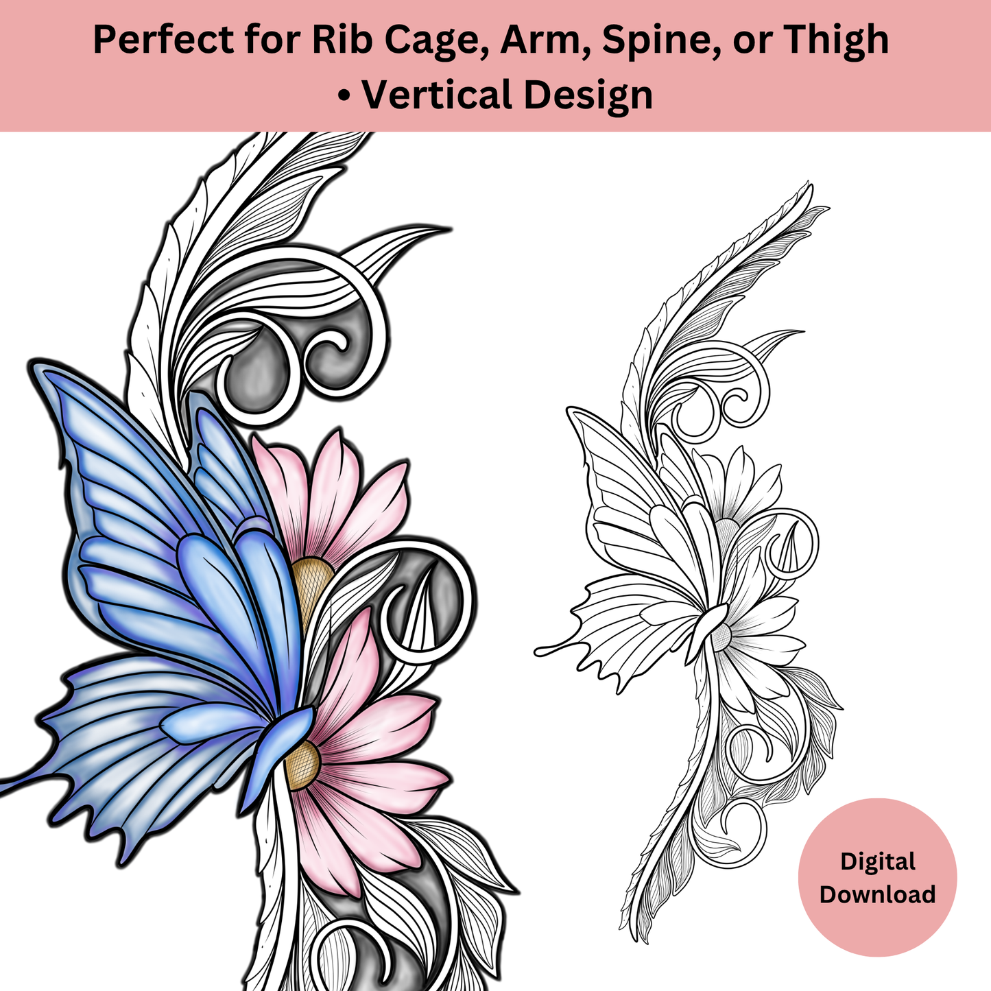 Butterfly and daisy tattoo line art with clean floral ornamental details
