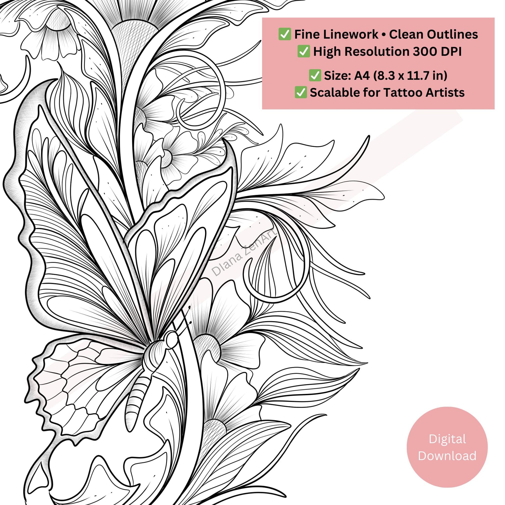 Close-up of butterfly tattoo showing refined floral line art