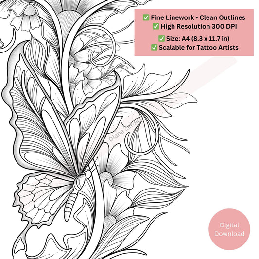 Close-up of butterfly tattoo showing refined floral line art