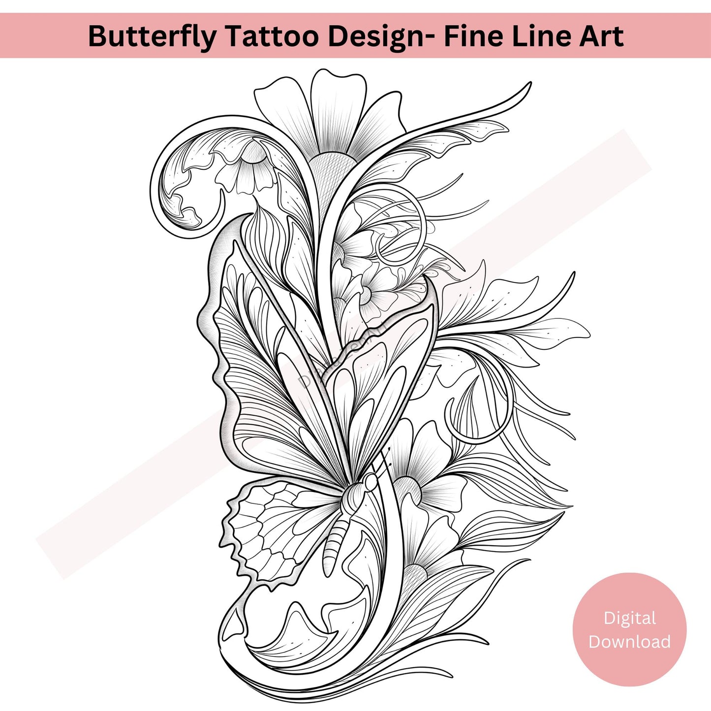 Elegant butterfly tattoo design with delicate floral line art