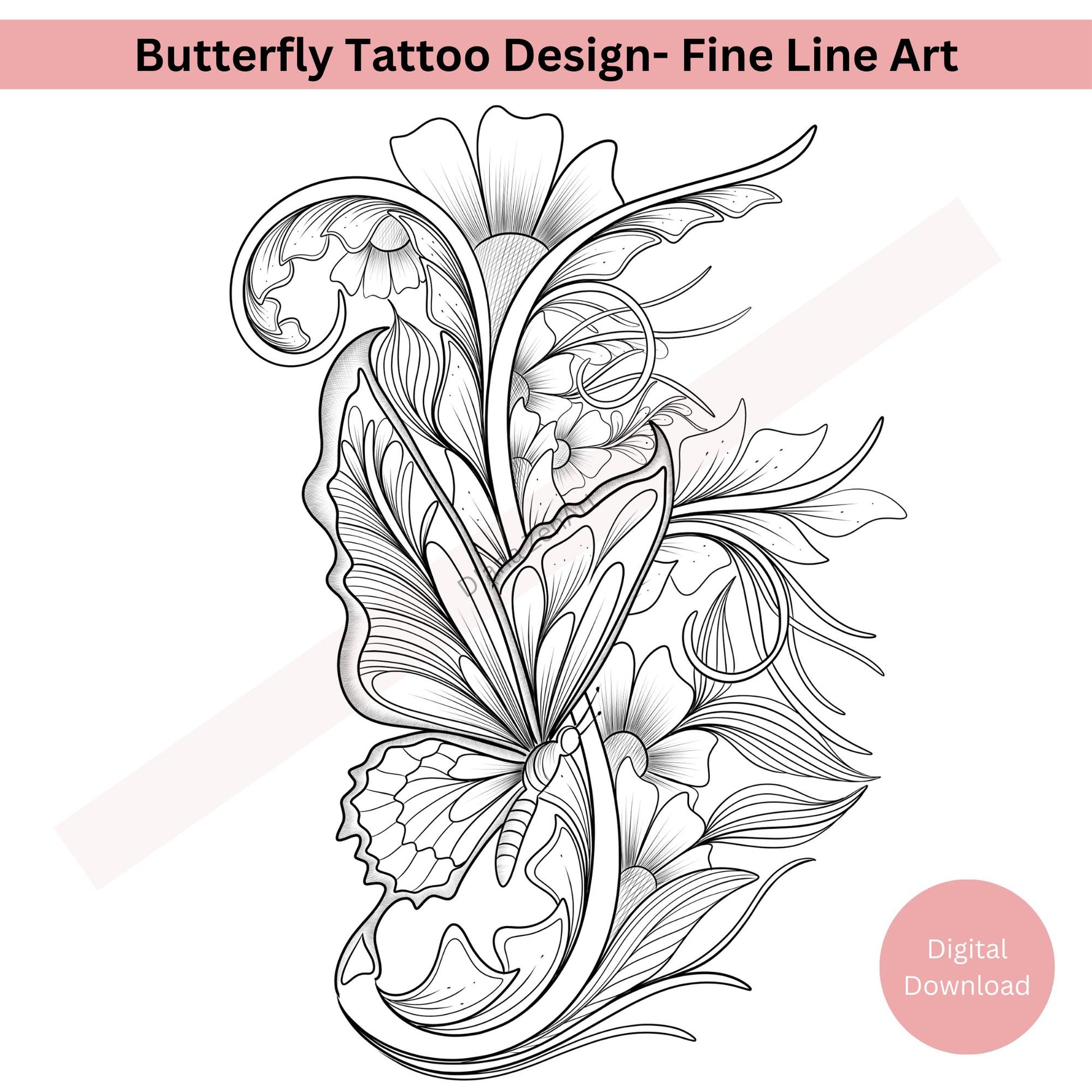 Elegant butterfly tattoo design with delicate floral line art