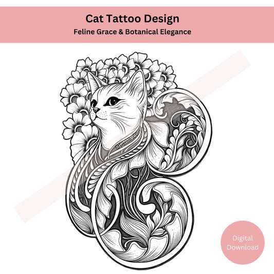 Line art cat tattoo highlighting elegant and symbolic detail