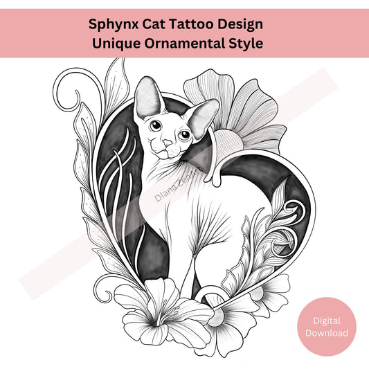 Sphynx Cat Tattoo – Hand-drawn Floral Line Art