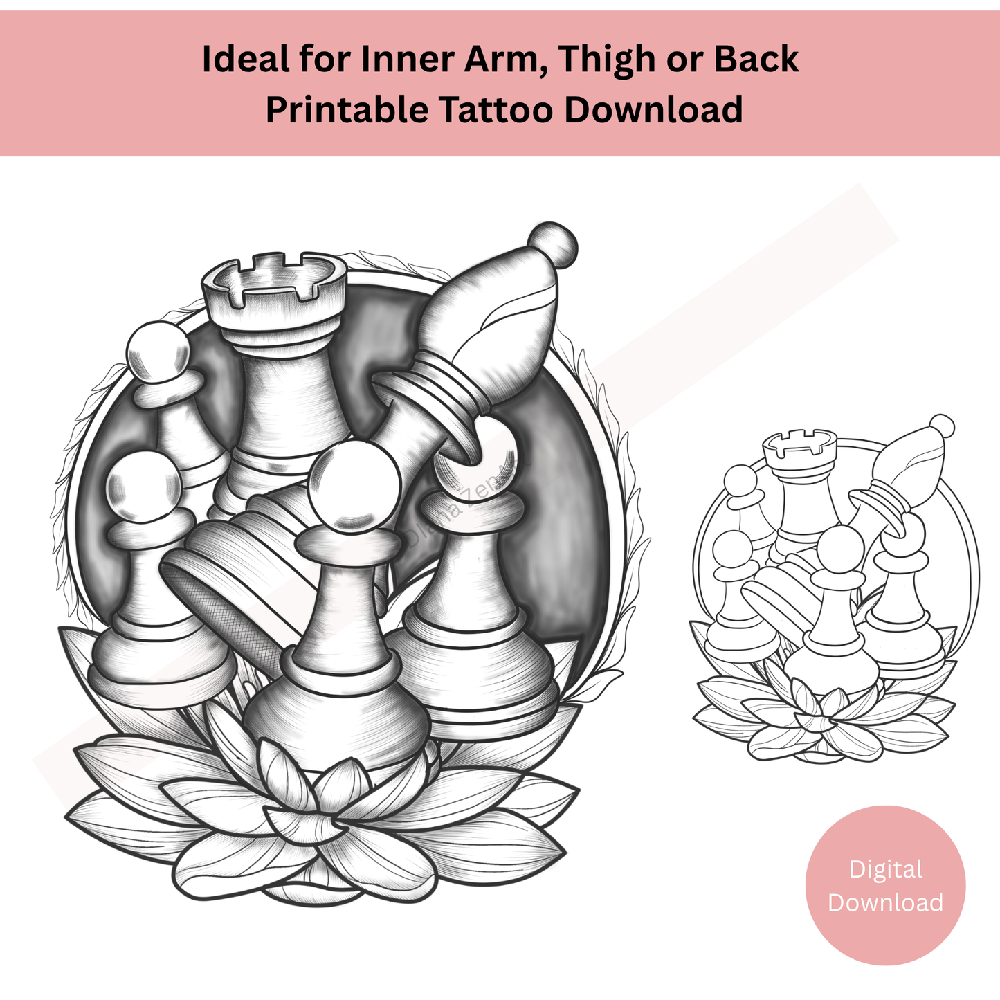 Line art chess tattoo with lotus flower showing symbolic detailing

