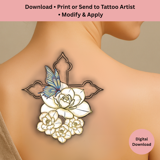 Cross with flowers and butterfly tattoo design in symbolic floral line art style