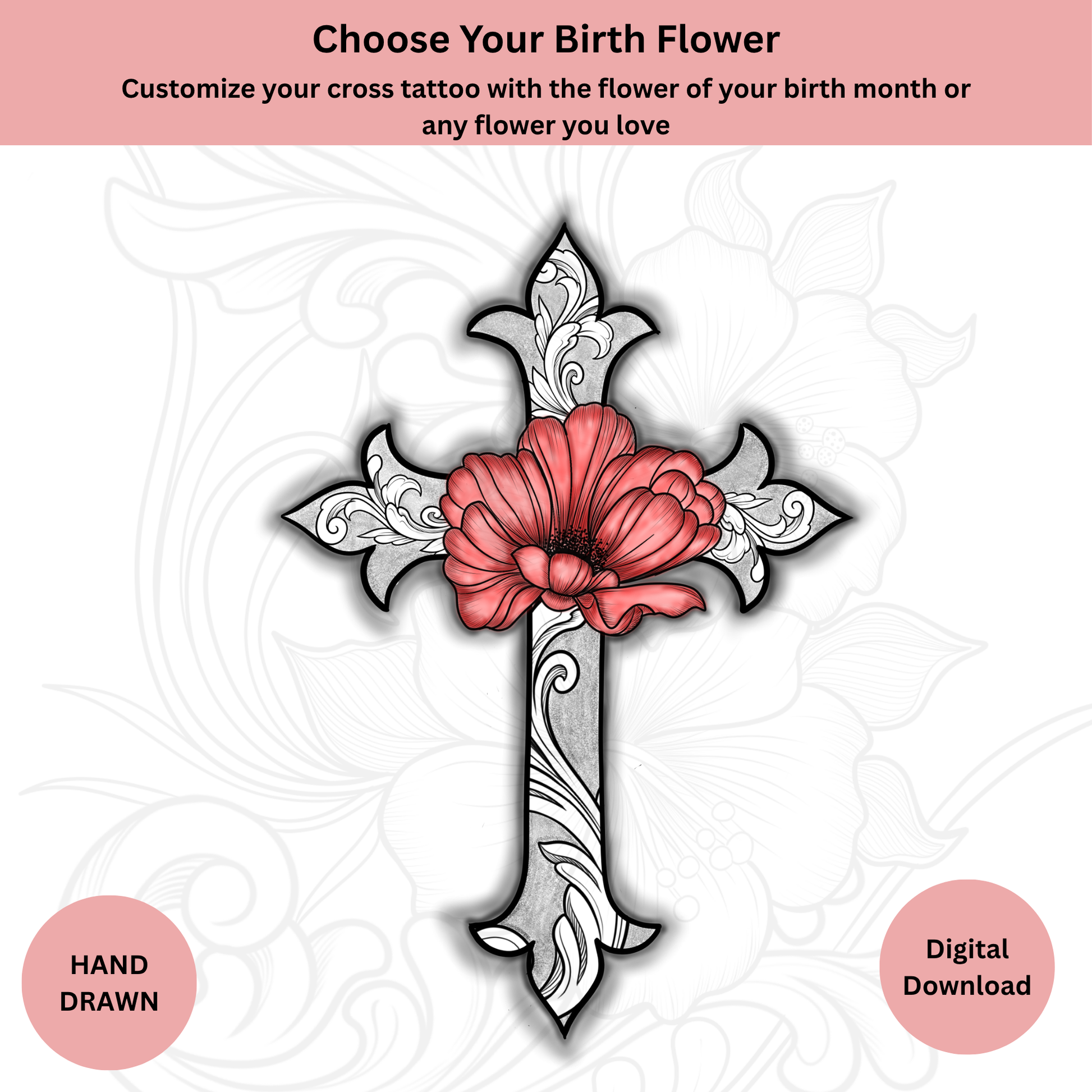 Custom birth flower cross tattoo design – digital download