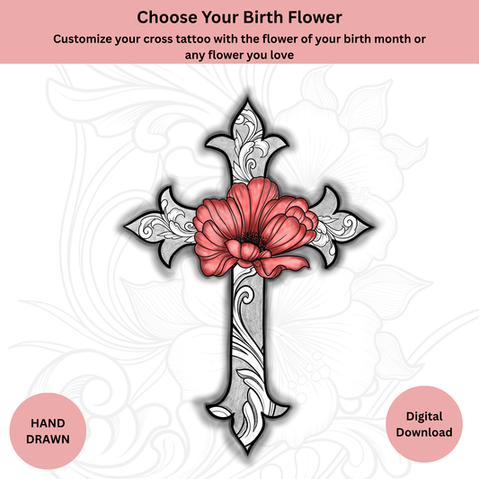 Custom birth flower cross tattoo design – digital download