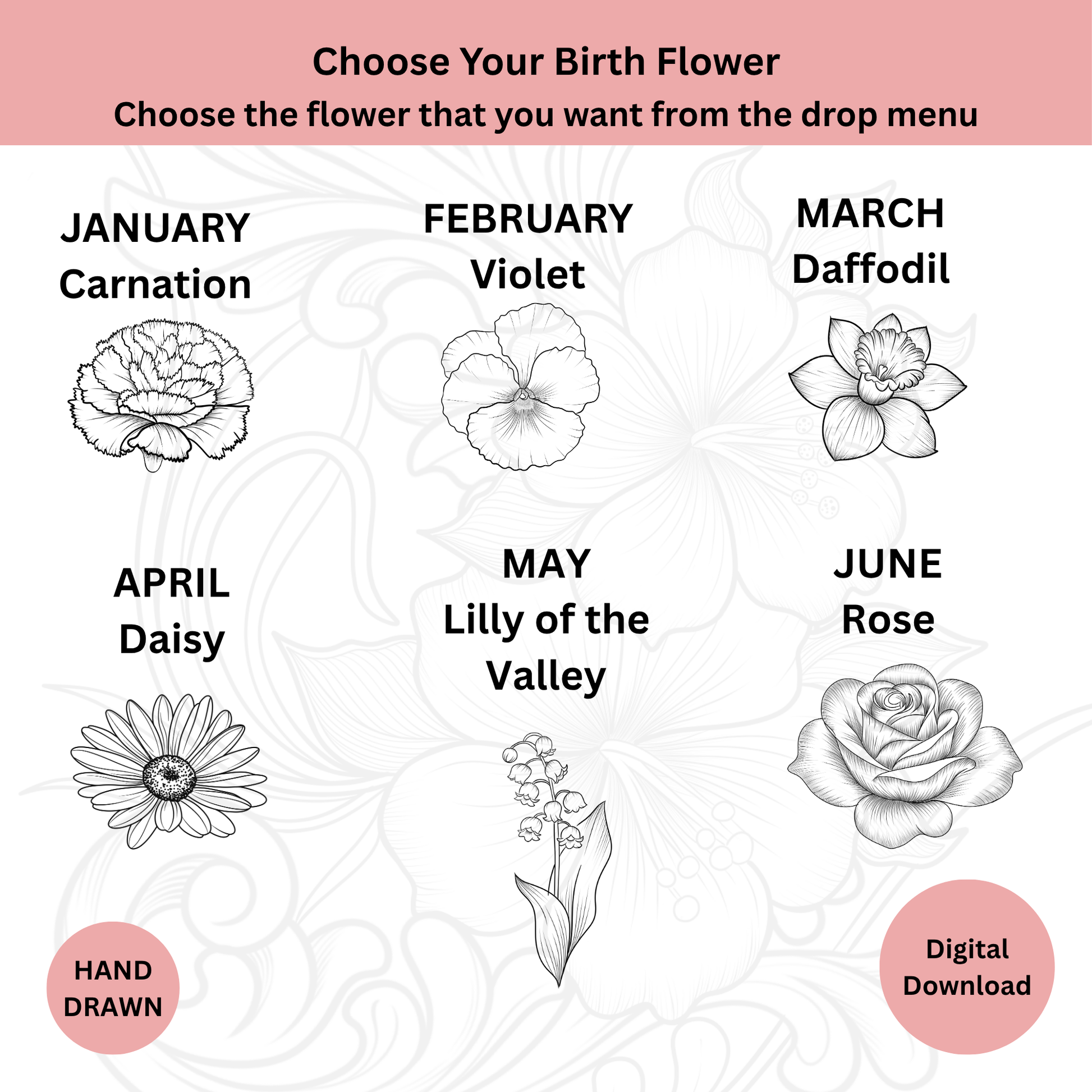 Selection of birth flowers for personalized cross tattoo design