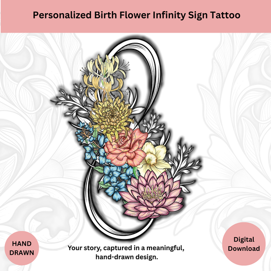 Custom infinity birth flower tattoo with personalized floral design
