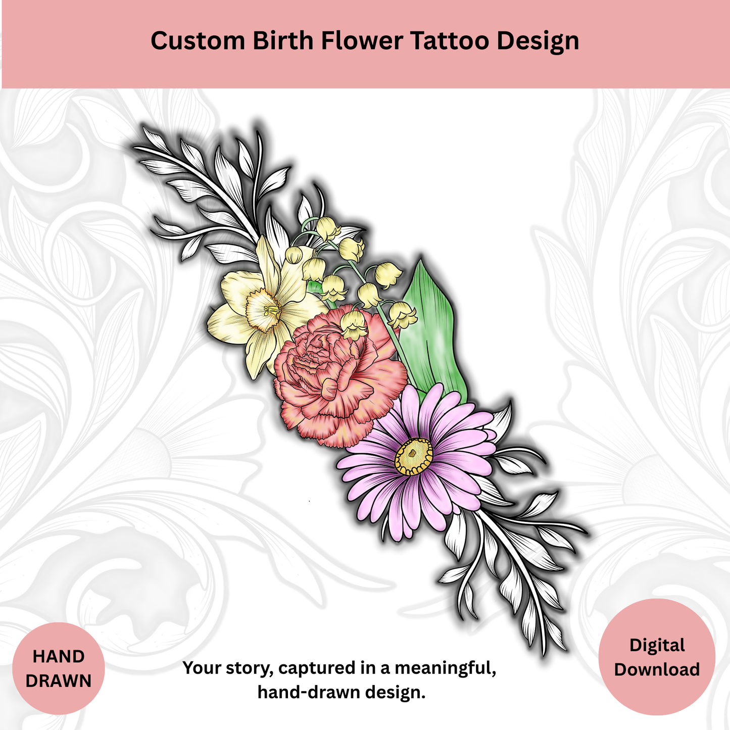 Custom vertical birth flower tattoo design with up to five flowers, hand drawn floral tattoo art in color
