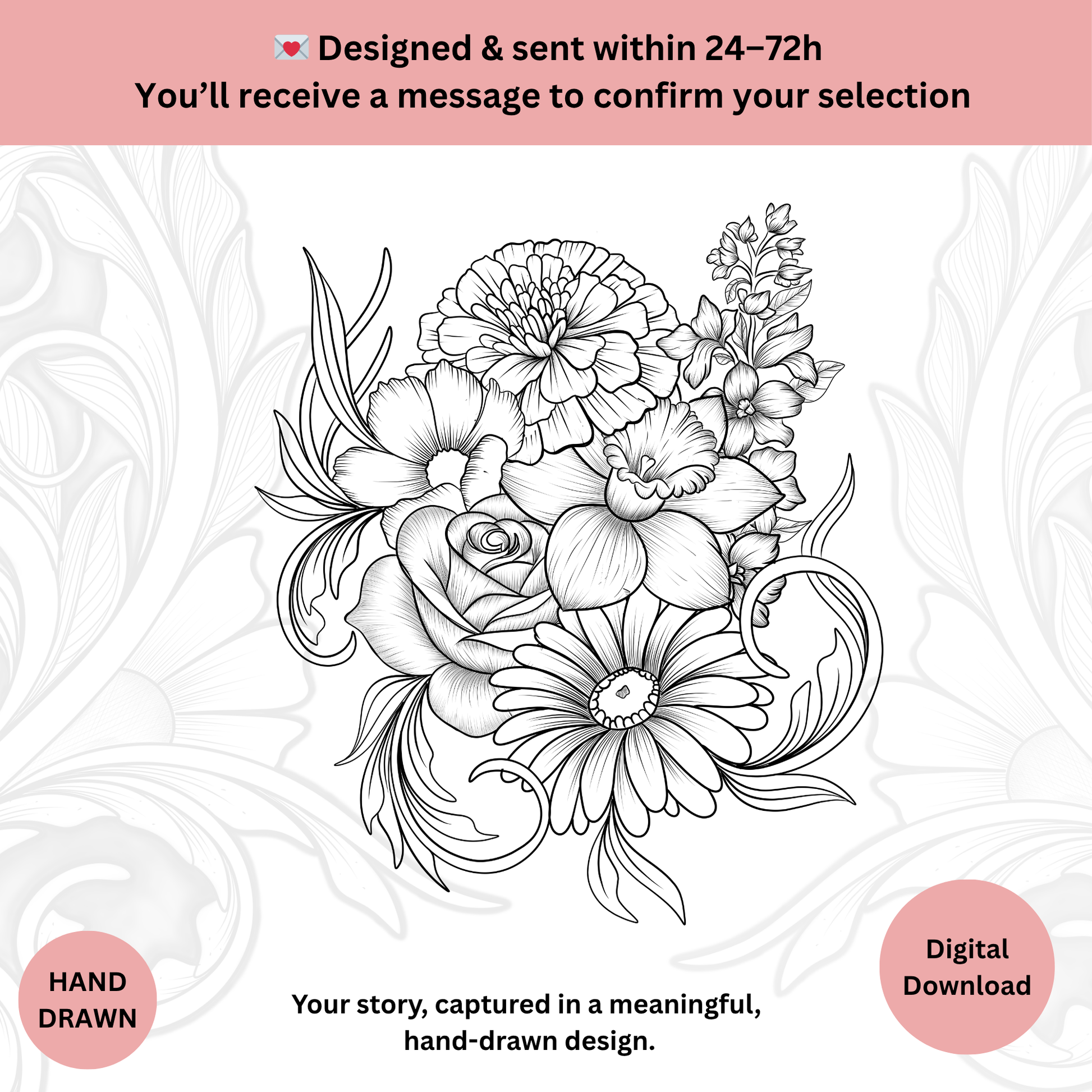 Custom birth flower tattoo design in black line art, clean floral outlines prepared for tattoo artists