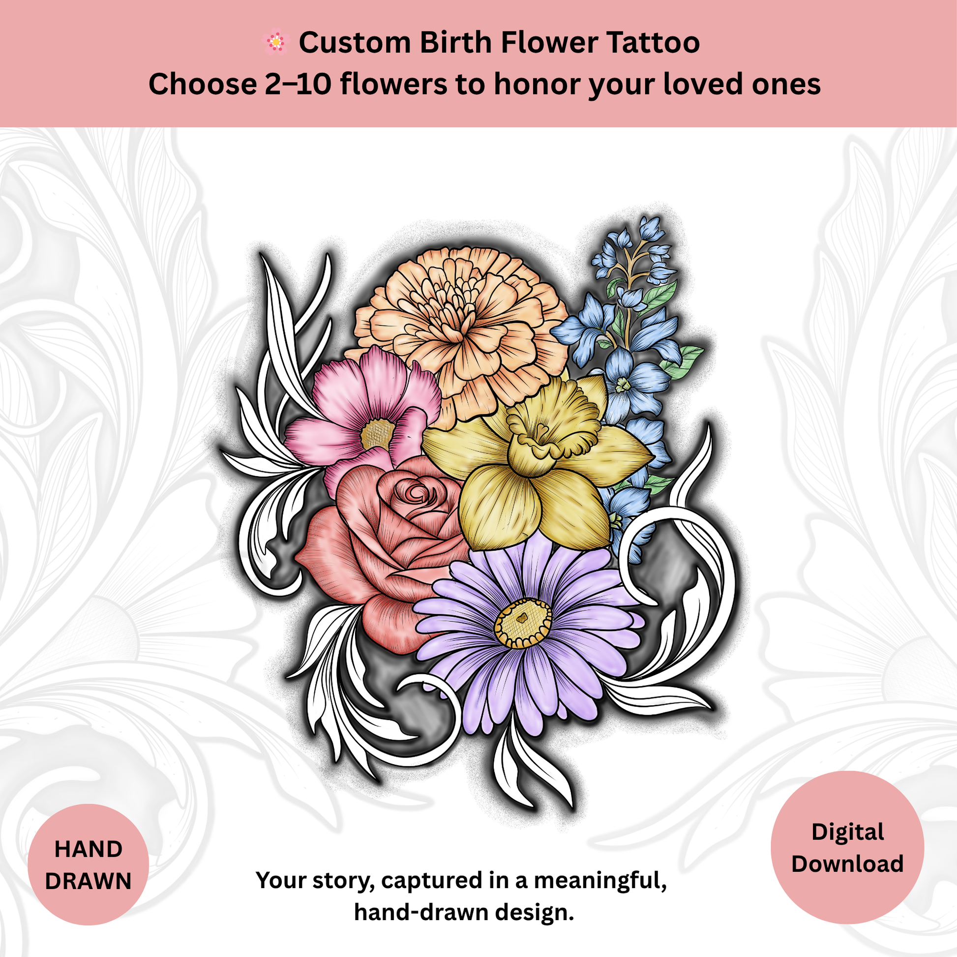Birth Flower Bouquet with Family Names, image size:1946x1946