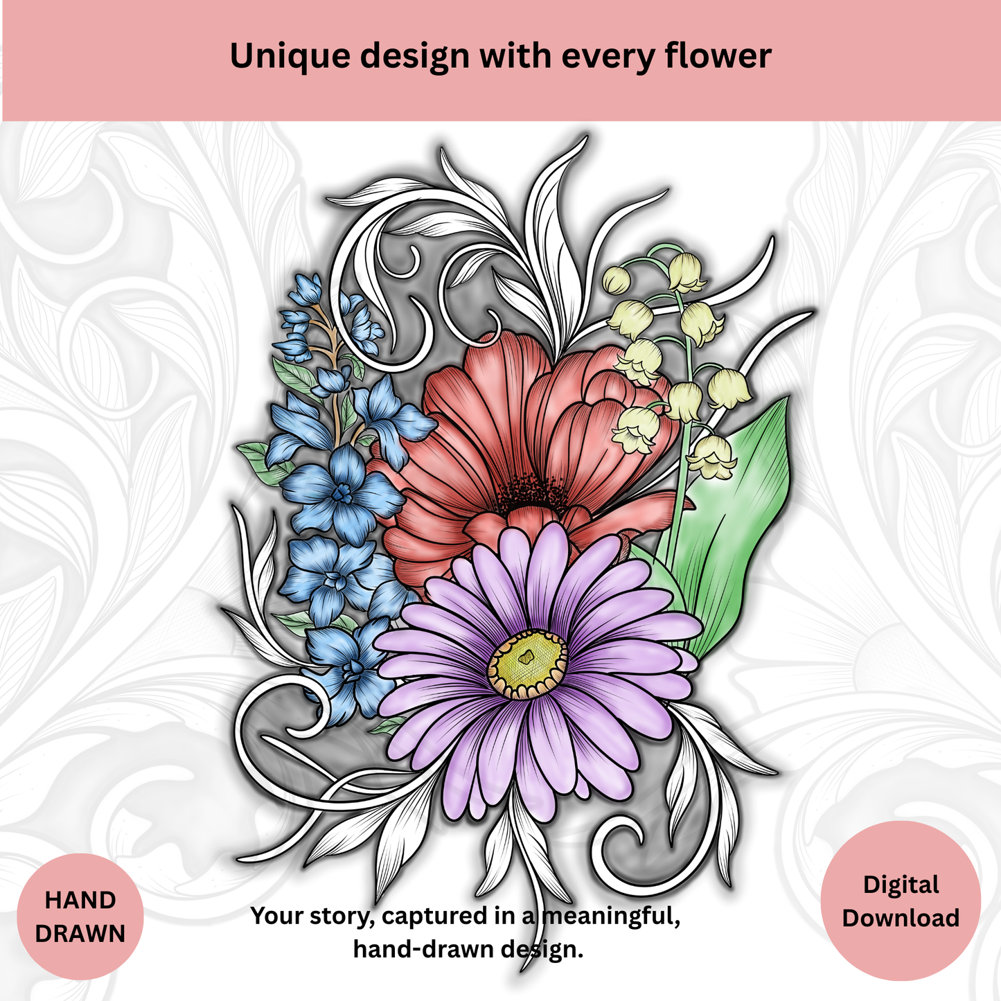 Personalized birth flower tattoo design in color, showing an alternative floral bouquet arrangement