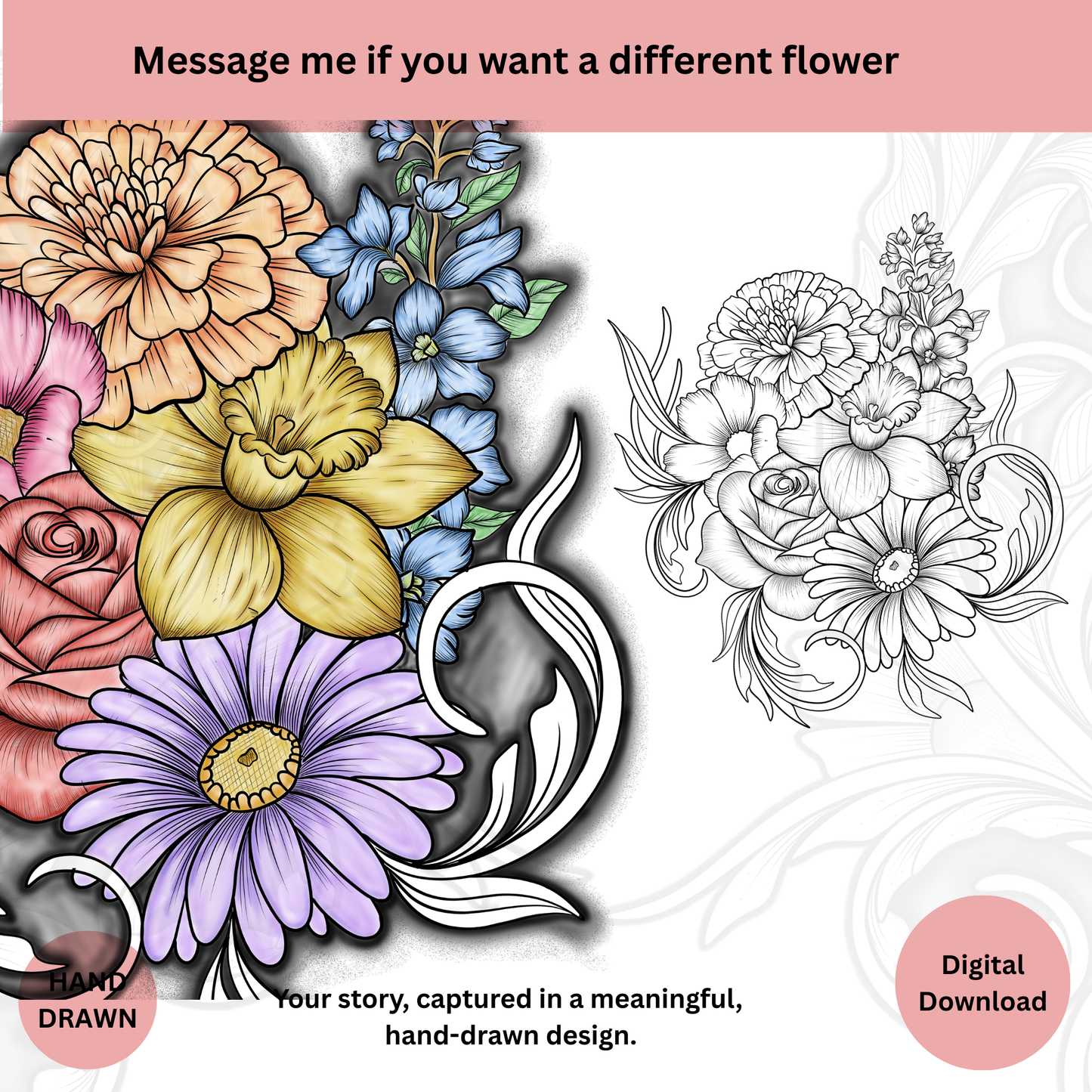 Birth flower tattoo line art design with a different floral composition, minimalist black ink style