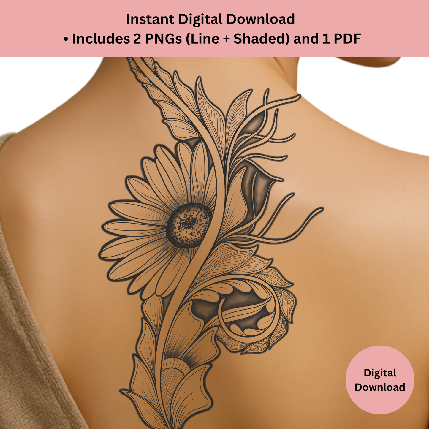 Daisy spine tattoo design in ornamental vertical floral style
