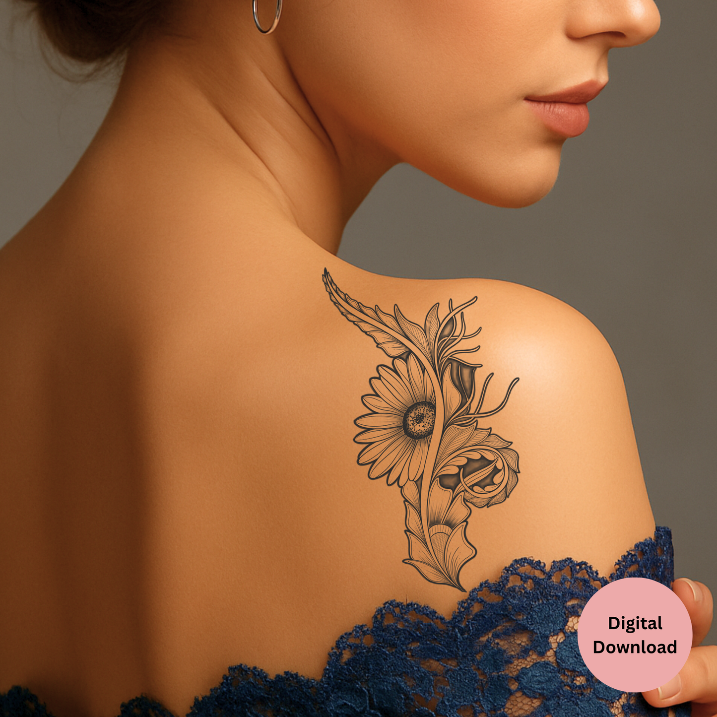 Digital daisy spine tattoo design available as high resolution download
