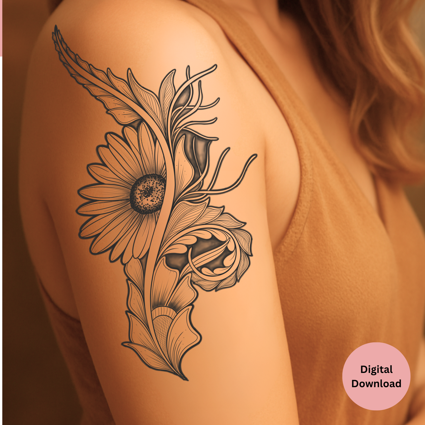 Vertical daisy spine tattoo line art showing decorative floral detailing
