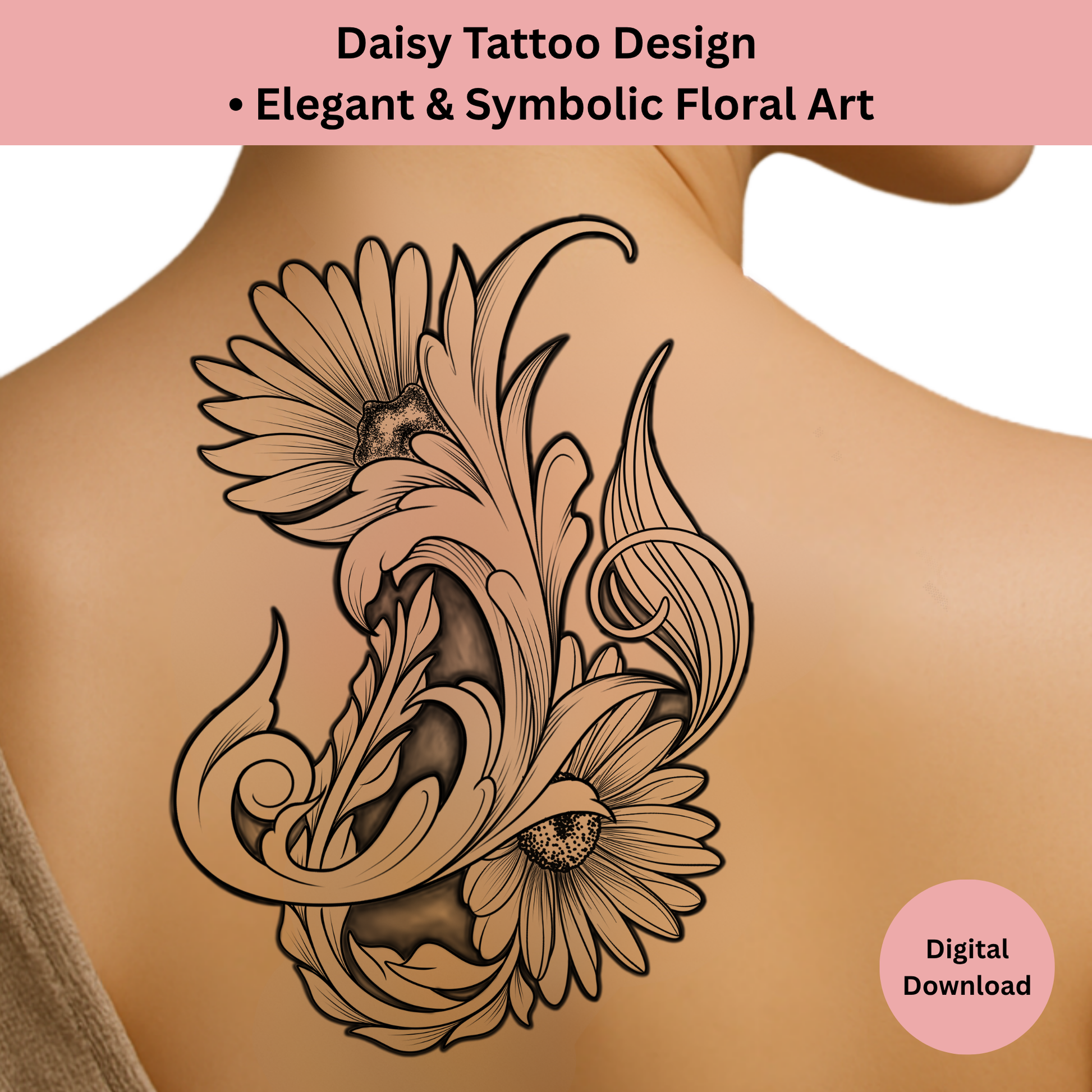 Daisy tattoo design in ornamental shaded line art tattoo flash style
